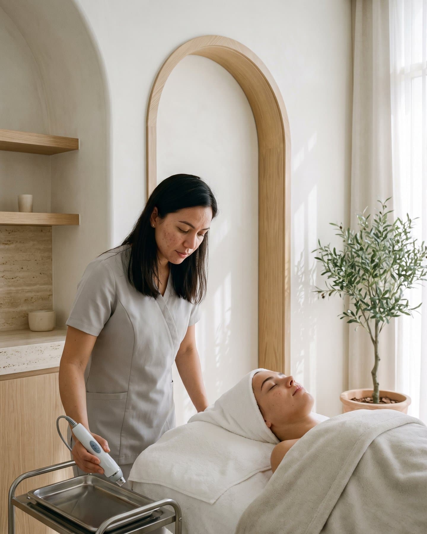 Aesthetic practitioner preparing a client for treatment